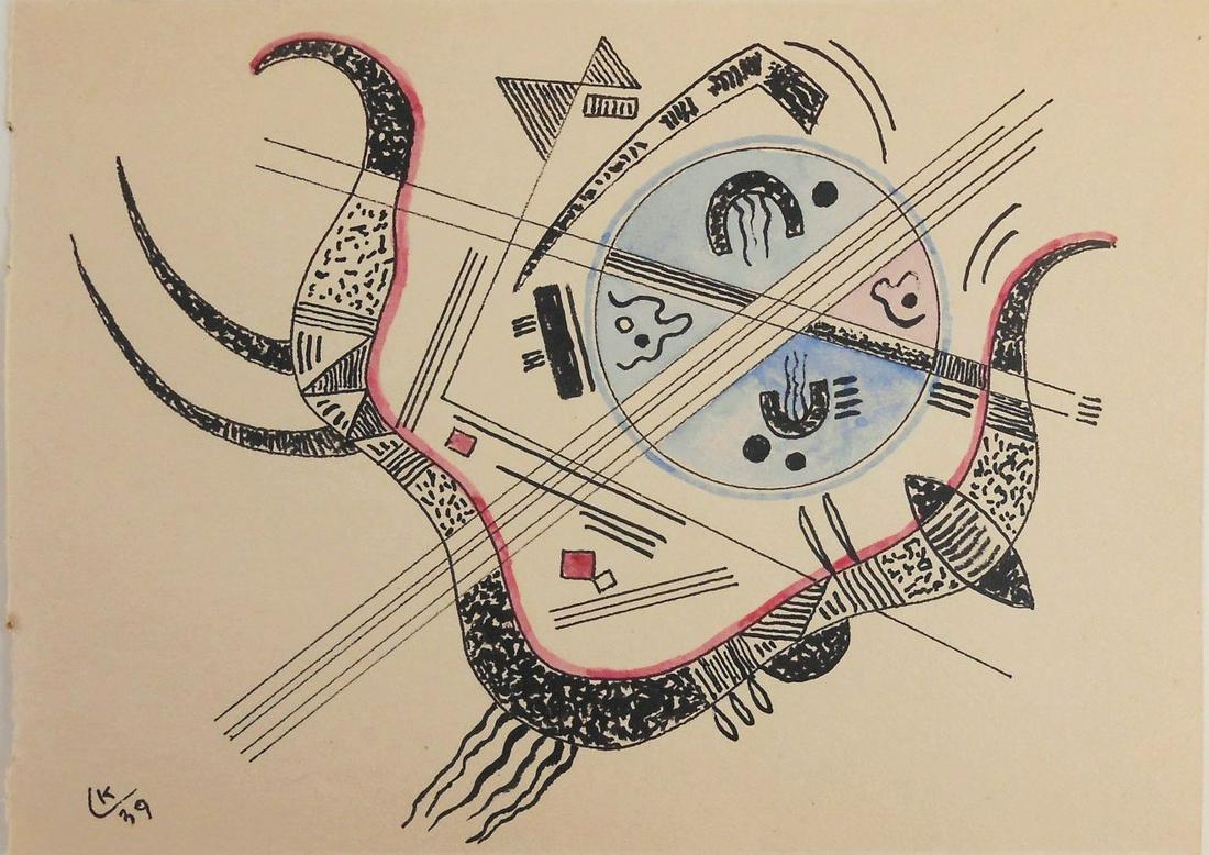 Wassily Kandinsky (1866-1944) Watercolor Study: Watercolor with black ink on wove paper, formerly part of an artist's sketchbook, abstract with geometric and biomorphic forms, signed* with the artist's monogram (Wassily Kandinsky, 1866-1944). Dated