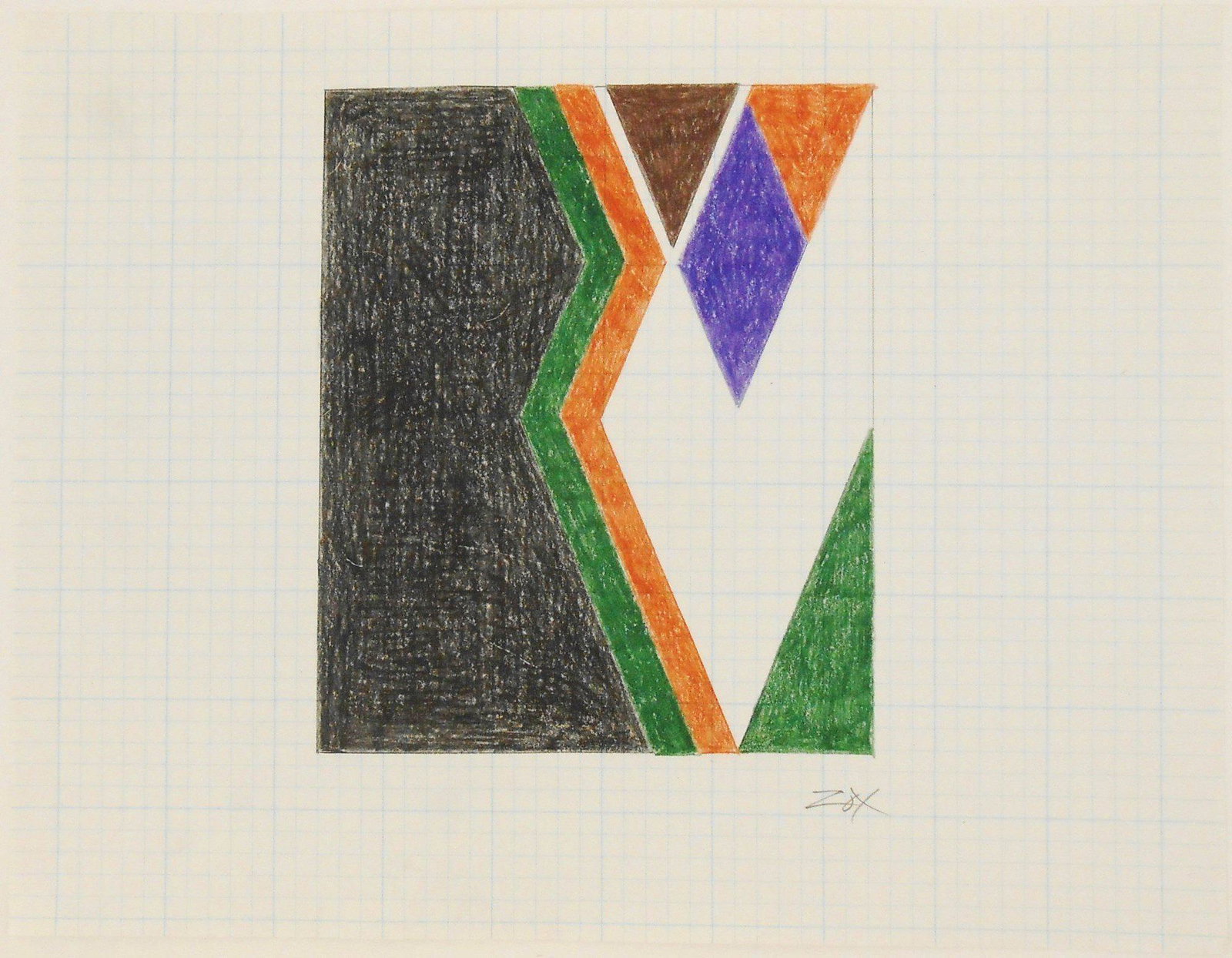 Larry Zox (1937-2006) Colored Pencil Drawing: Colored pencil drawing on blue-gridded graph paper, untitled composition, signed* (Larry Zox, 1937-2006). Circa 1970. 8 1/2 x 11 inches. Very good condition, having no apparent damage or repairs. Unfr