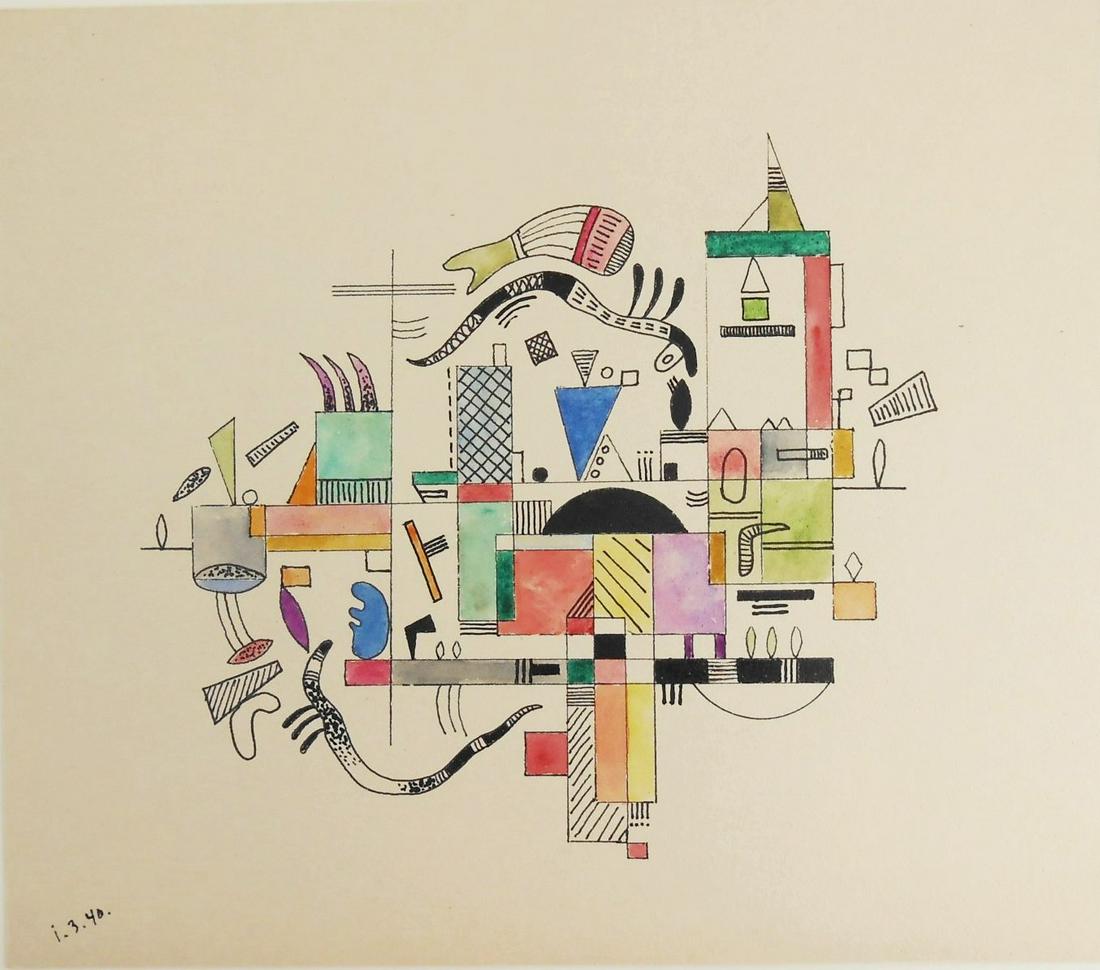 Wassily Kandinsky (1866-1944) Watercolor: Watercolor with black ink on heavy wove paper, abstract with geometric and biomorphic forms, unsigned* (Wassily Kandinsky, 1866-1944). Dated 1.3.40. 8 3/4 x 10 inches. Hinge remnants on reverse from p
