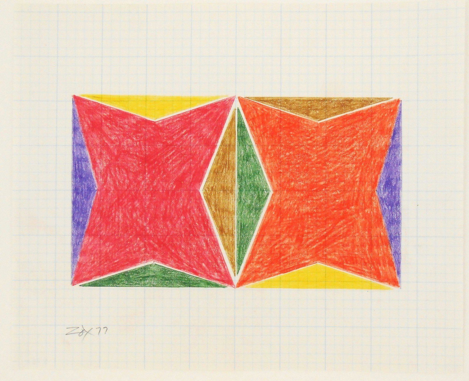 Larry Zox (1937-2006) Colored Pencil Drawing: Colored pencil drawing on blue-gridded graph paper, untitled composition, signed* (Larry Zox, 1937-2006). Dated '77. 8 1/8 x 9 7/8 inches. Very good condition, having no apparent damage or repairs. Un