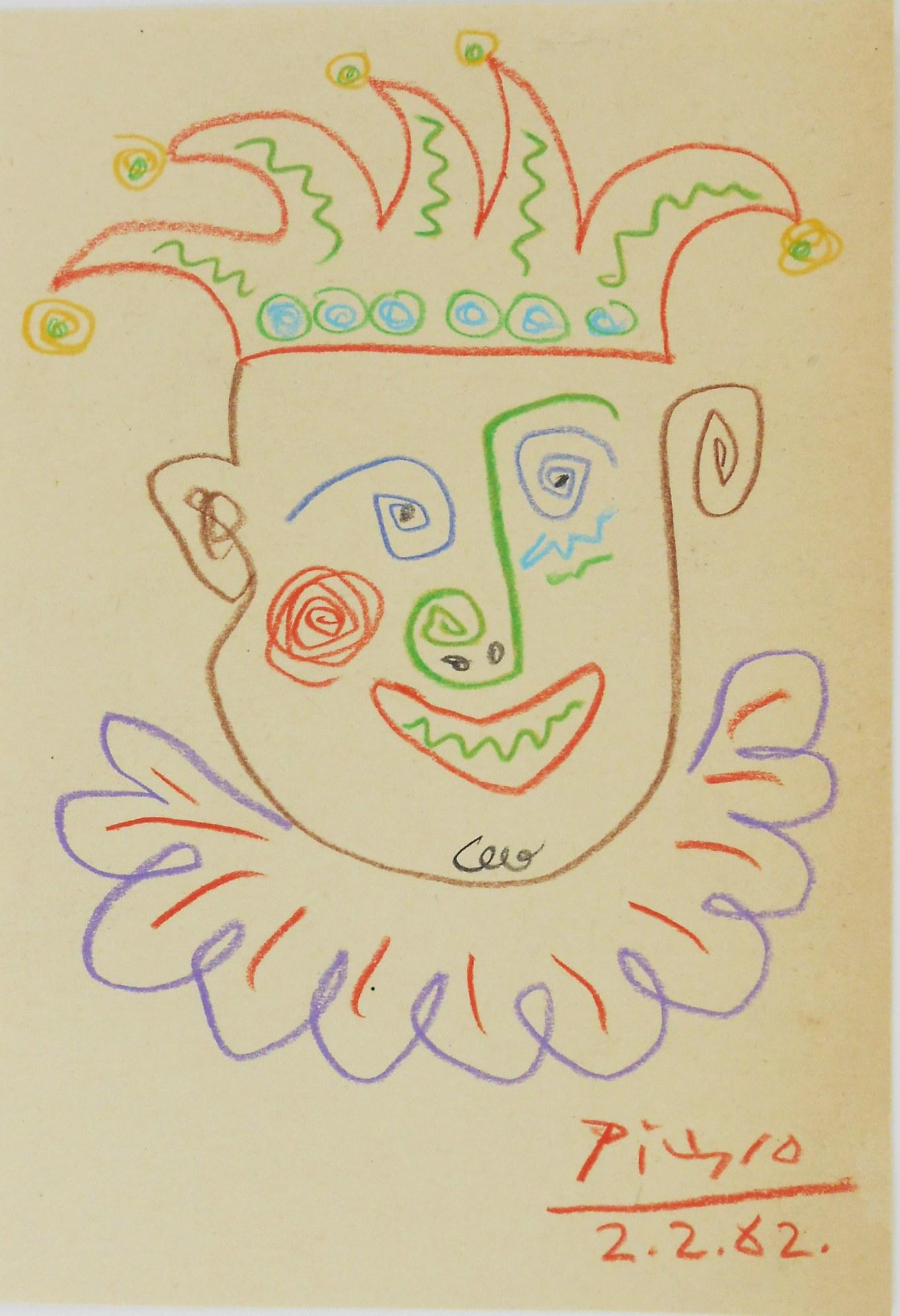 Pablo Picasso (1881-1973) Colored Pencil Drawing: Colored pencil drawing on light tan colored wove paper, jester or clown, signed* (Pablo Picasso, 1881-1973). Dated 2.2.62. Very good condition; hinge remnants to reverse. Has been removed from frame f