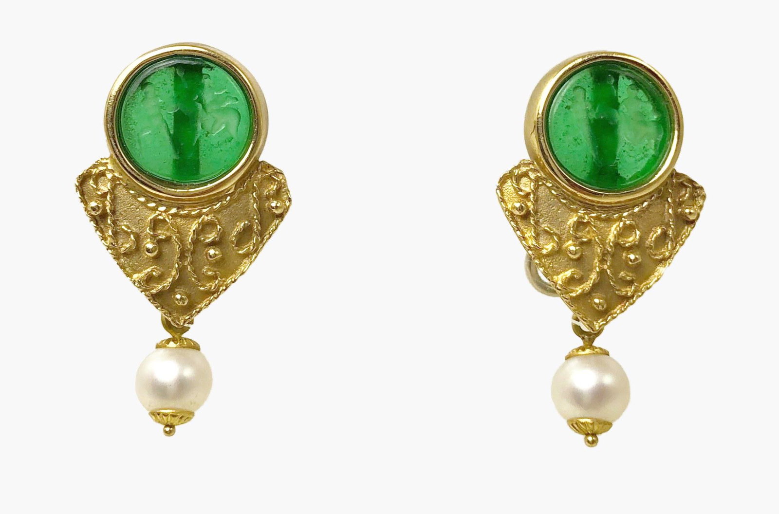 14K Italian Etruscan-Style Earclips: 14K Etruscan-style pearl earclips each set with a translucent green intaglio, possibly glass or semi-precious stone. Stamped Italy and hallmarked. Also stamped BN, designating the province in Italy (B