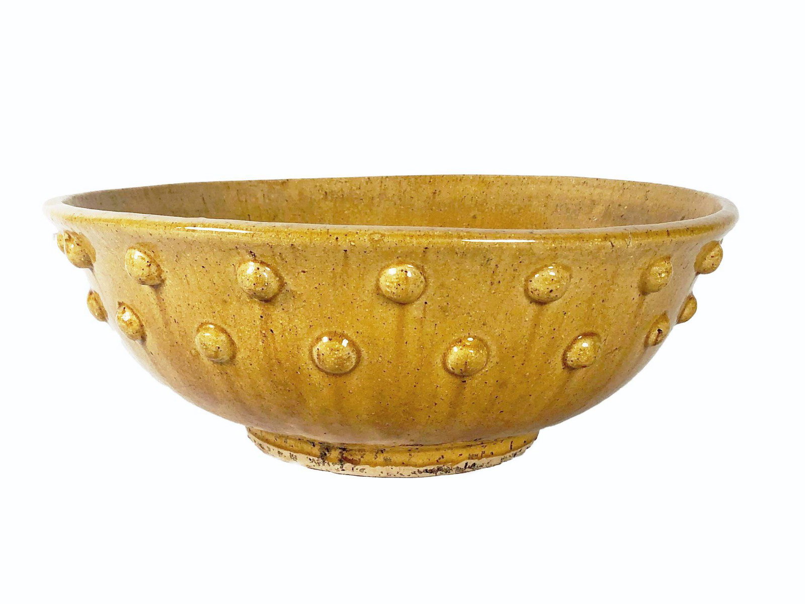 French Glazed Pottery Bowl, Circa 1920-40: Large glazed earthenware bowl, France, circa 1920-1940. Tiny chip to glaze on the rim, otherwise very good condition. Dia. 15 1/2 inches. H. 5 inches.