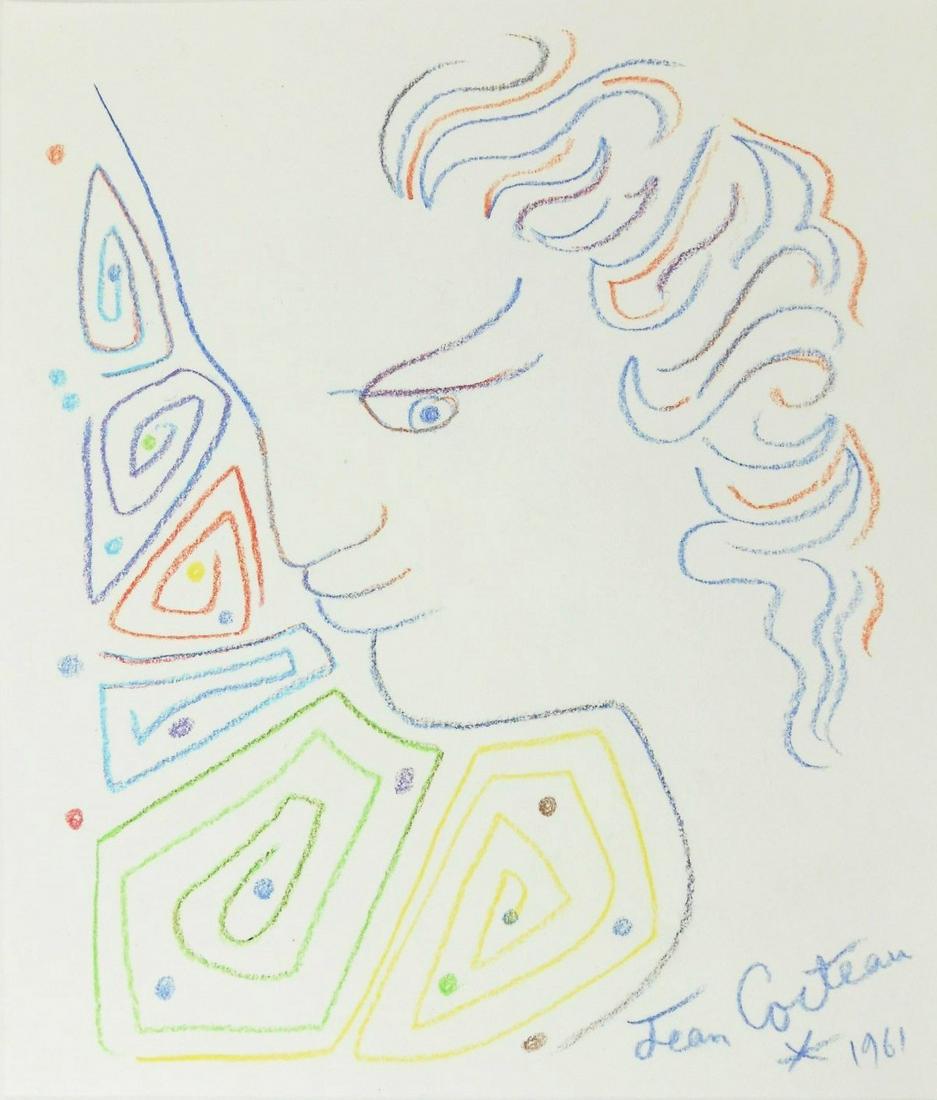Jean Cocteau (1889-1963) Colored Pencil Drawing: Colored pencil drawing on white wove paper, face in profile with arabesques, signed and dated 1961* (Jean Cocteau, 1889-1963). 9 1/4 x 7 7/8 inches. Excellent condition. Unframed for auction inspectio