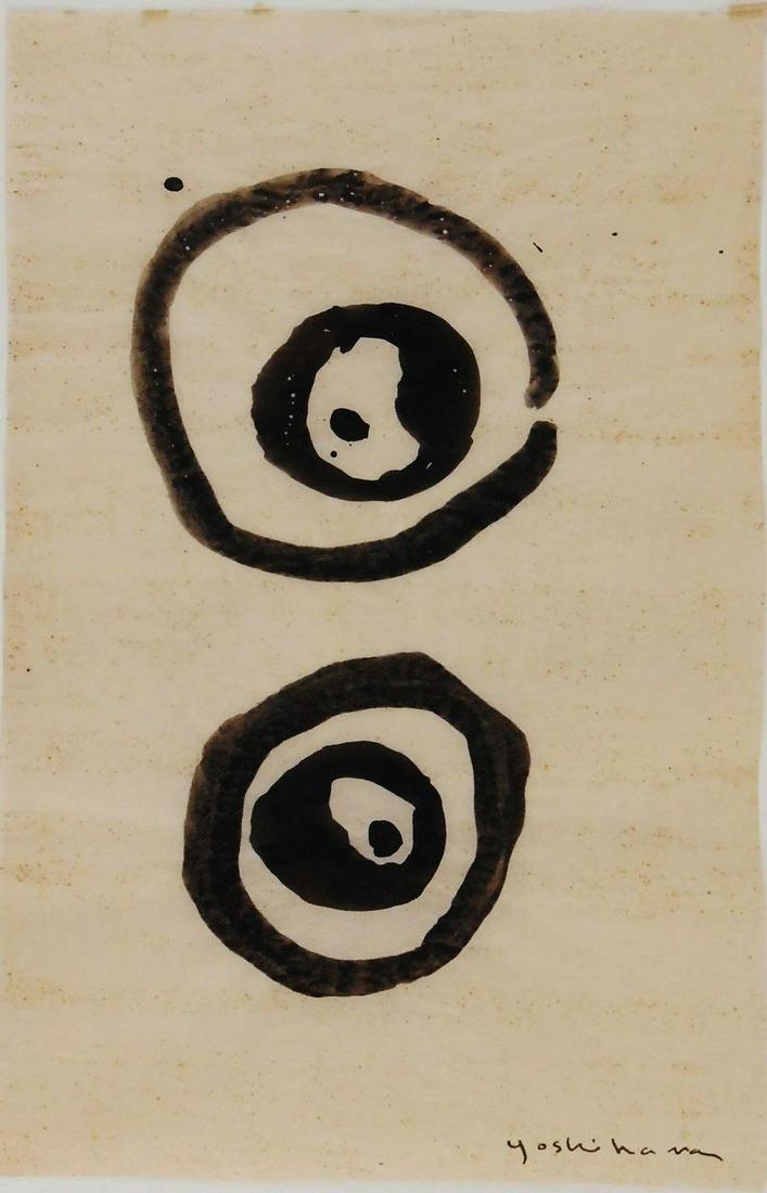 Jiro Yoshihara (1905-1972) Black Ink On Paper: Black ink on rice paper, abstract design with broken circles, signed* (Jiro Yoshihara, 1905-1972). 8 3/4 x 5 5/8 inches. Very good condition, having no visible damage or repairs. Paper is evenly toned