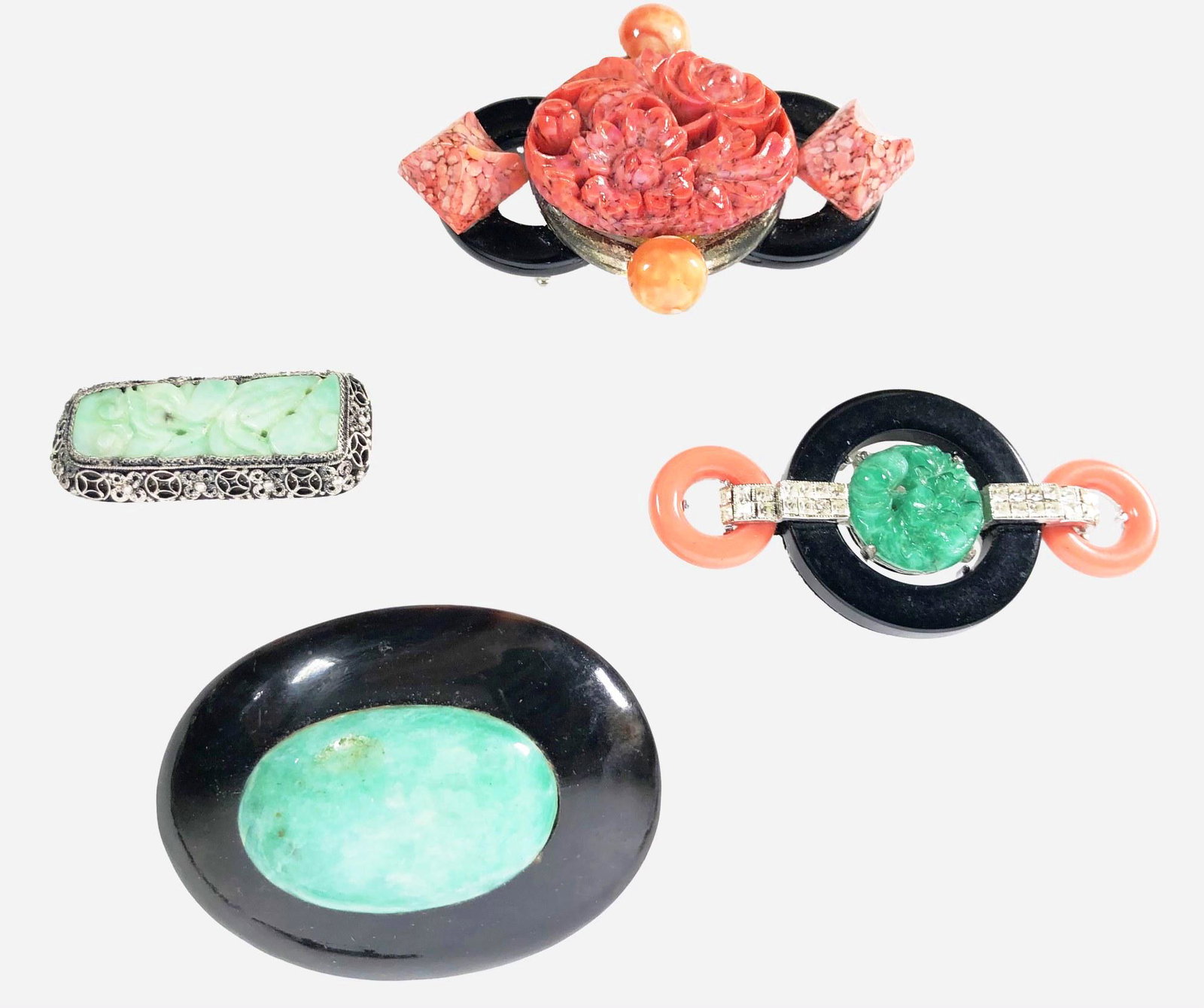 Four Art Deco-Style Fashion Pins: Group of four Art Deco-style vintage fashion pins, one marked "silver," one by Kenneth Lane, etc. There is one stone missing from one of the pins. 46 mm - 75 mm each.