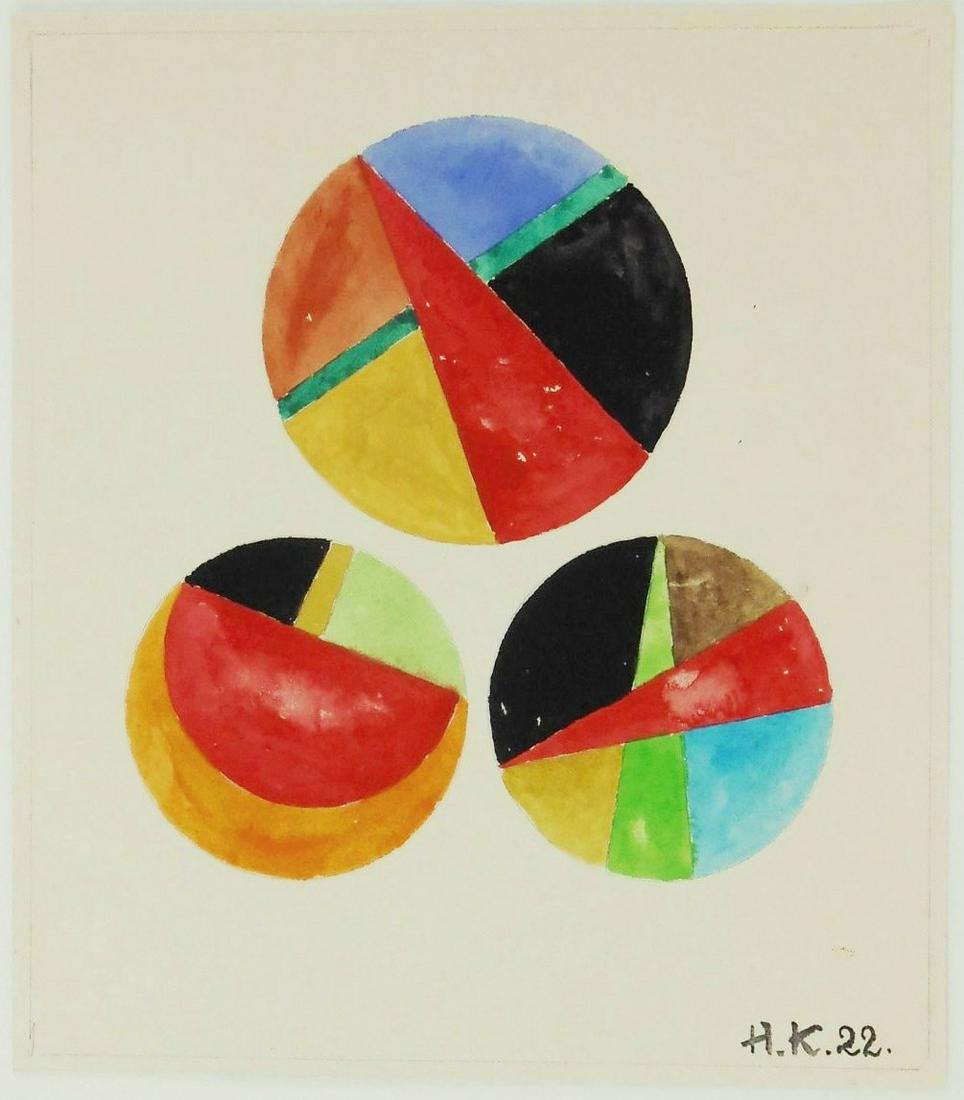 Ivan Kliun (1873-1943) Suprematist Watercolor: Watercolor and gouache with traces of pencil on heavy wove paper, suprematist composition, signed* with the artist's initials (Ivan Kliun, 1873-1943). Dated '22. 6 1/4 x 5 1/2 inches. Good condition o