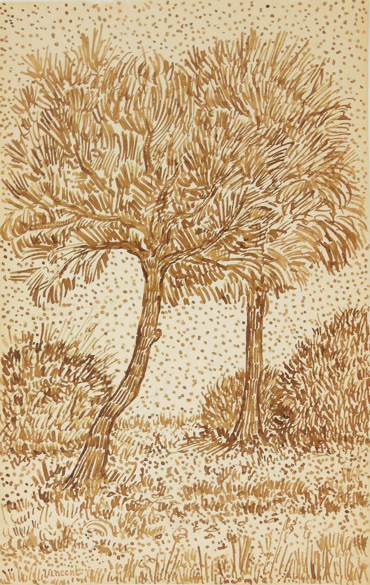 Vincent Van Gogh (1853-1890) Pen & Ink Drawing: Pen and brown ink drawing on wove sketchbook paper, two trees with bushes in a landscape, signed* (Vincent van Gogh, 1853-1890). 9 1/2 x 6 inches. Very good condition, having no tears or visible repai