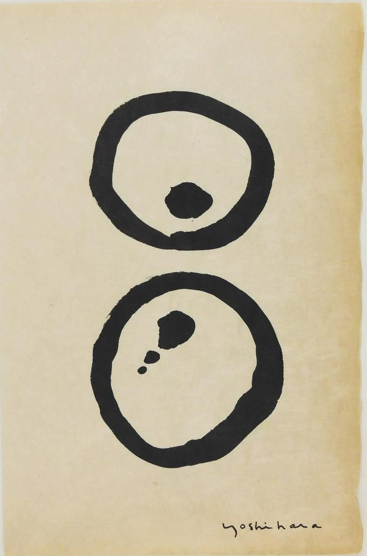 Jiro Yoshihara (1905-1972) Ink On Paper: Black ink drawing on japon paper, untitled composition with circles, signed* (Jiro Yoshihara, 1905-1972). 8 1/2 x 5 5/8 inches. Very good condition. Has been removed from frame for inspection and ship