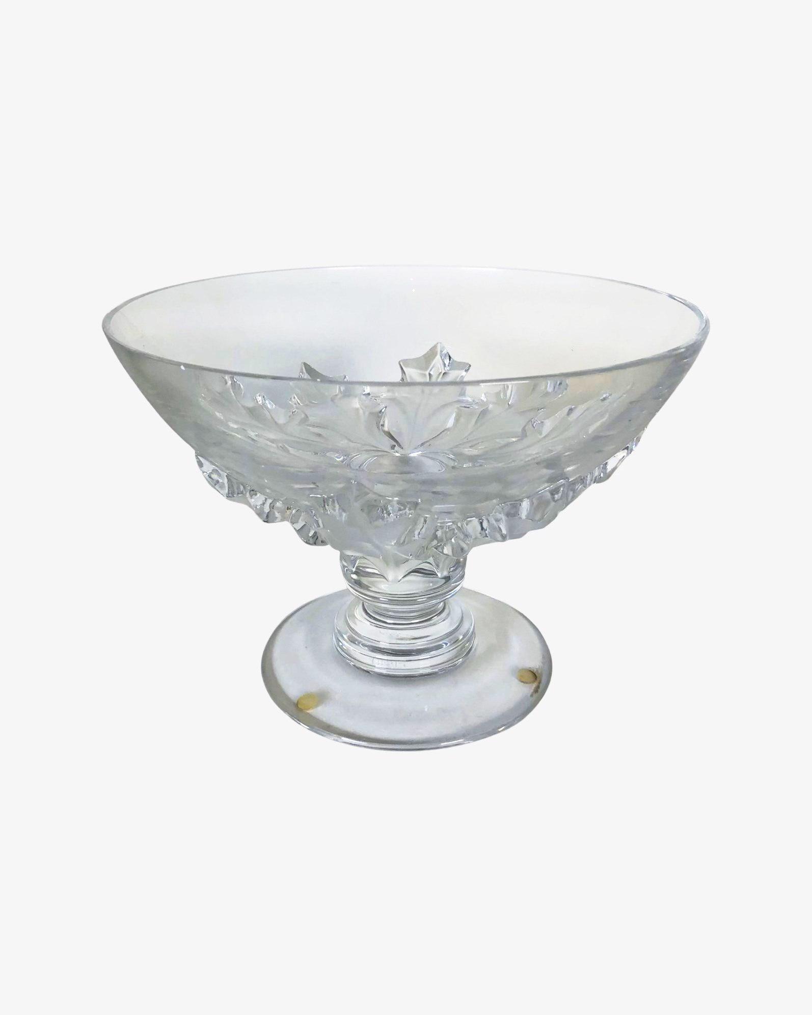Lalique Center Bowl: Crystal center bowl with frosted maple leaf design by Lalique. Signed. Very good condition. W. 10 1/2 inches H. 8 inches