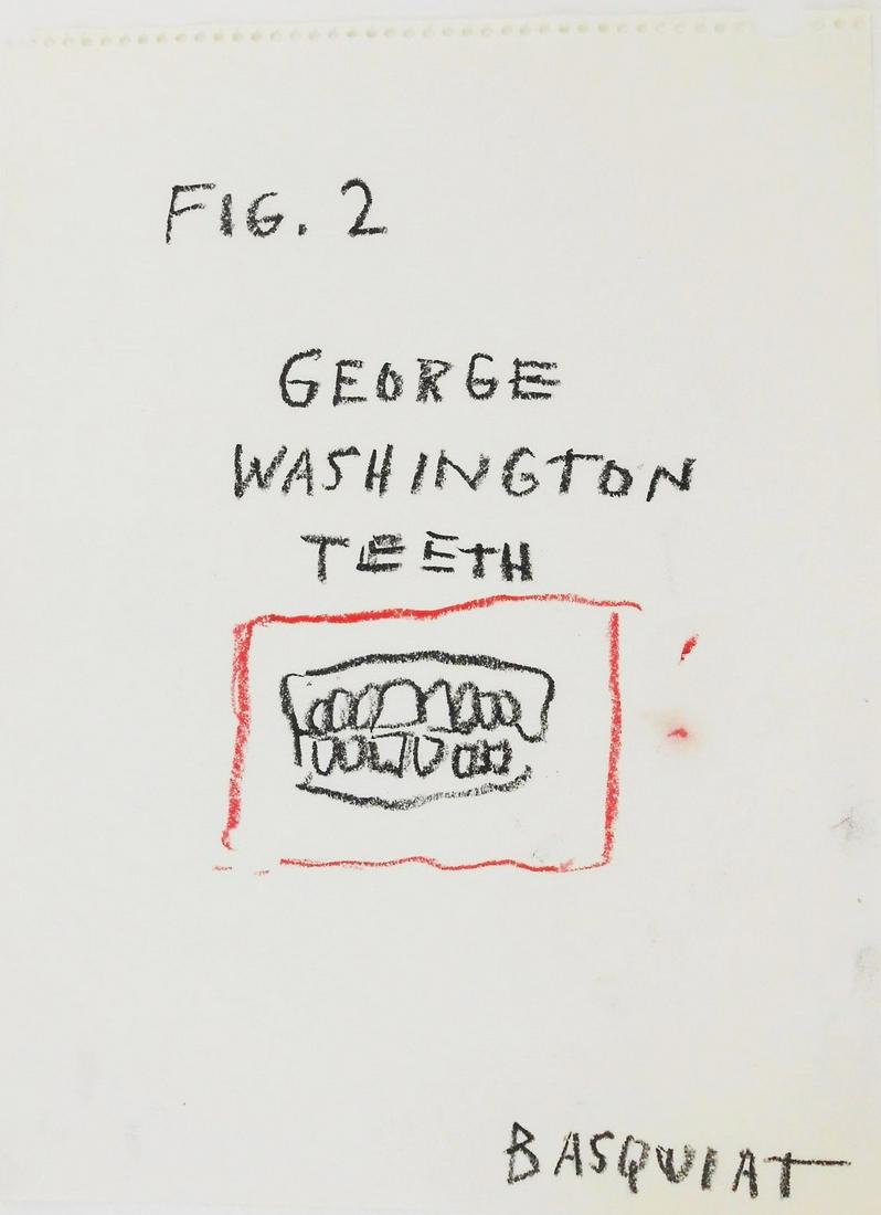 Jean-Michel Basquiat (1960-1988) Drawing: Oil chalk drawing on white wove tablet paper, untitled (Fig. 2 George Washington Teeth), signed* with the artist's initials (Jean-Michel Basquiat, 1960-1988). 12 x 9 inches. Very good condition, havin