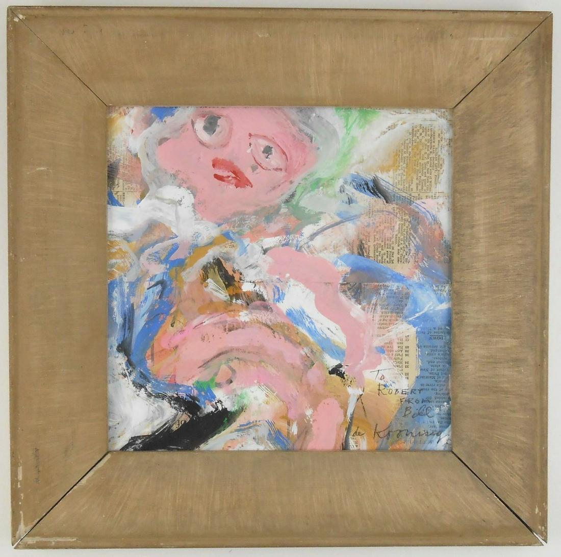 Willem De Kooning (1904-1997) Gouache: Gouache (or tempera) on newspaper mounted to thin cardboard, untitled (reclining woman), signed* and inscribed (Willem de Kooning, 1904-1997). 9 1/2 x 9 5/8 inches. Very good condition with the except