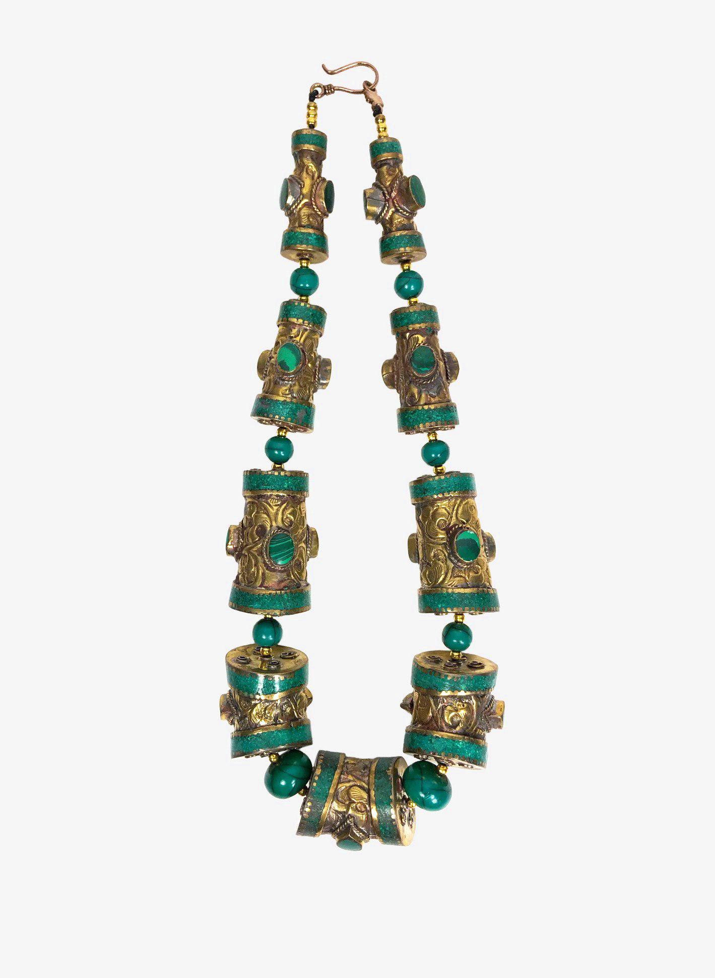 Malachite & Brass Necklace, Indian: Malachite and brass necklace, probably Indian, circa 1950-1960. No apparent losses or damage. Length: 21 inches.