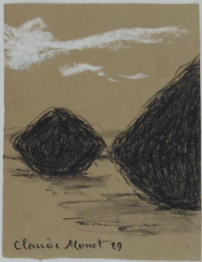 Claude Monet (1840-1926) Charcoal Drawing: Charcoal drawing with white chalk on brownish-green wove paper, field with two grainstacks, signed* (Claude Monet, 1840-1926). 4 7/8 x 3 3/4 inches. Good condition overall, having no apparent damage o