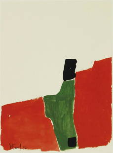 Nicolas De Stael (1914-1955) Gouache: Gouache on wove watercolor paper, untitled abstract in red, green, and black, signed (Nicolas de Stael*, 1914-1955). 9 1/4 x 6 7/8 inches. Very good condition, having no apparent damage or repairs. Un