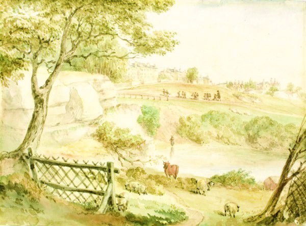 Joseph Murray Ince (1806-1859) Watercolor: English countryside landscape with animals, figures and a village in the distance. Signed. Circa 1853. 9 x 12 1/4 inches. Very good condition. Framing Note Concerning Works of Art: When Preston Hall r