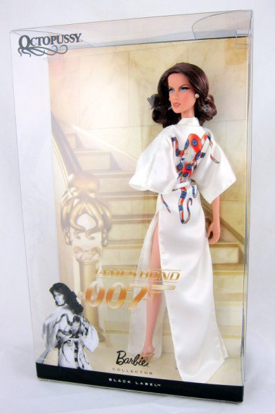Barbie Doll, James Bond 007 Octopussy: Black Label collection. Dressed in a belted, white robe with a striking Octopus graphic. New condition, unopened and undamaged.