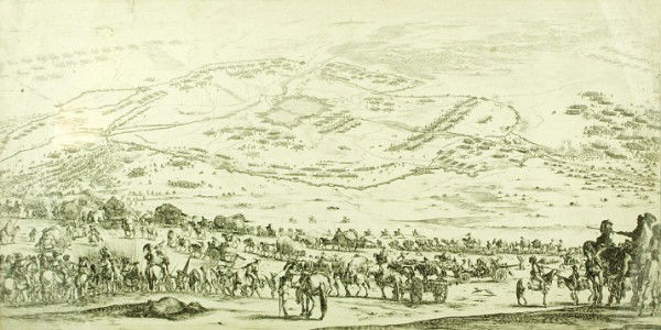 Stefano Della Bella Engraving: Stefano Della Bella (1610-1664) engraving, plate-signed lower right. Possibly a later impression after the original. Approximate dimensions: 10 x 20 inches. Not examined outside of its frame.