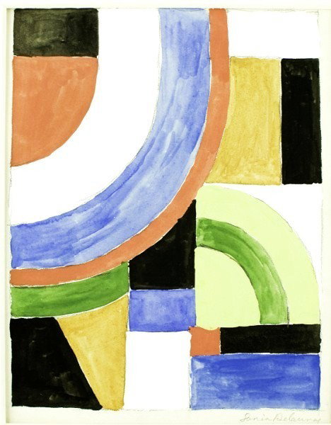 Sonia Delaunay Watercolor & Gouache: Interesting watercolor and gouache with traces of pencil. Untitled abstract. Signed lower right in pencil. Attributed to Sonia Delaunay (1885-1979). Image measures approximately 9 1/8 x 7 1/8 inches. 