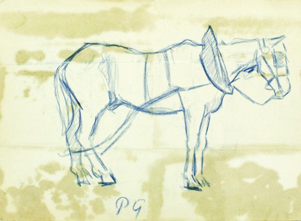 Paul Gauguin (1848-1903) Blue Pencil Drawing: Study of a Horse (in profile), signed with the initials "PG". Attributed to Paul Gauguin. 5 1/4 x 7 1/4 inches. Paper is creased and stained. Provenance: property of a private corporation. Important N