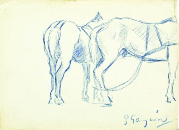 Paul Gauguin (1848-1903) Blue Pencil Drawing: Study of Horses, signed. 5 1/4 x 7 1/4 inches. Attributed to Paul Gauguin. Overall condition: very good. Provenance: property of a private corporation. Important Note: This lot is being offered as "at