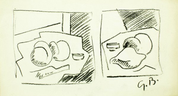 Georges Braque (1882-1963) Charcoal Sketches: Original charcoal still life sketches on the reverse of "Quatrieme Diner Des Compagnons de Cocagne," probably circa 1925-1935. Initialed. Attributed to Georges Braque. 4 3/4 x 8 3/4 inches. Good overa