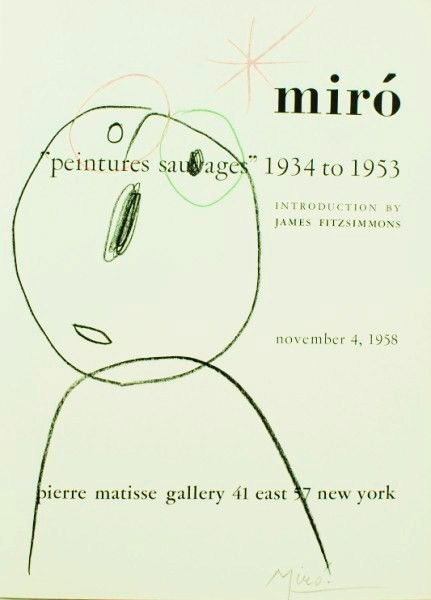 Joan Miro (1893-1983) Colored Crayon Drawing: Original signed crayon drawing on front page of "Miro: Peintures Sauvages 1934 to 1953" , an exhibition catalogue published by Pierre Matisse Gallery, 41 East 57, New York, November 4, 1958. Introduct