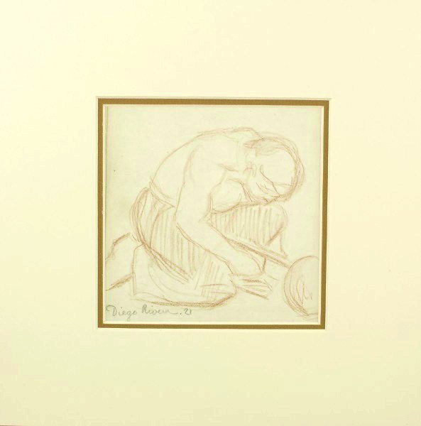 Diego Rivera (1886-1957) Sanguine Drawing: Sanguine drawing of a kneeling figure leaning forward. Attributed to Diego Rivera. Signed and dated '21. Approximate size: 5 1/4 x 5 1/4 inches. Appears to be in excellent condition. Framed. Provenanc
