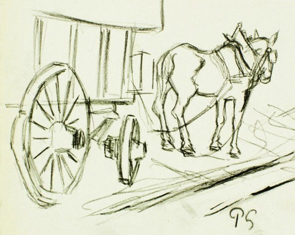 Paul Gauguin (1848-1903) Drawing: Charcoal drawing, horse and cart, 5 1/4 x 7 1/4 inches. Attributed to Paul Gauguin. Provenance: property of a private corporation. Important Note: This lot is being offered as "attributed to" the name