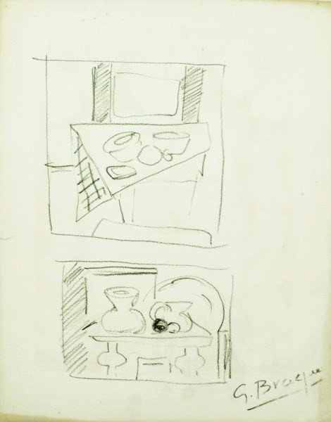 Georges Braque (1882-1963) Charcoal Drawing: Original charcoal still life sketches on reverse of French menu, "Banquet H. de Latouche", April 1934. Attributed to Georges Braque. Menu designed by Louis Moreau for the Hotel Saint-Germain, Paris. M