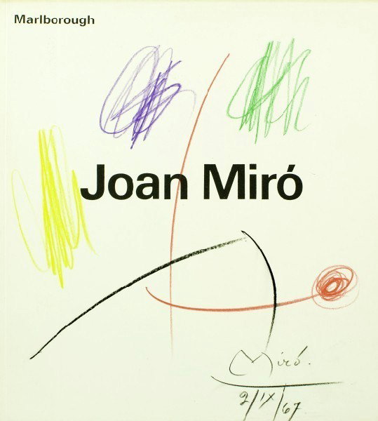 Joan Miro (1893-1983) Crayon Drawing: Original crayon or colored pencil drawing on front page of Marlborough Gallery, London, exhibition catalogue, Spring 1966. Signed lower right and dated 2/IX/67. Attributed to Joan Miro. 9 x 8 1/4 inch