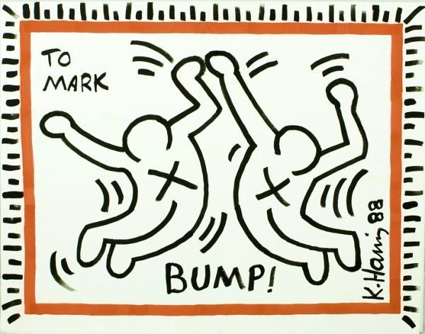 Keith Haring (1958-1990) Drawing: Untitled drawing, black ink on paper. Inscribed "To Mark", signed and dated '88. Attributed to Keith Haring. 11 x 14 inches.Very good condition. Provenance: property of a private corporation. Importan