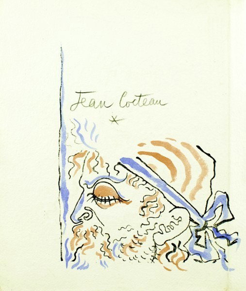 Jean Cocteau (1889-1963) Handcolored Lithograph: Very unusual and rare hand watercolored and pencil signed lithograph by Jean Cocteau. Originally printed in black and white for "Portrait de Mounet-Sully" by Jean Cocteau, this lithograph has extensiv
