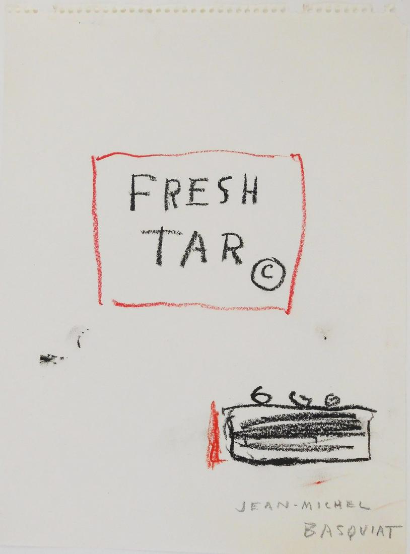 Jean-Michel Basquiat (1960-1988) Drawing On Paper: Oil chalk drawing on white wove tablet paper, untitled (Fresh Tar), pencil signed (*Jean-Michel Basquiat, 1960-1988). 12 x 9 inches. Very good condition, having no visible or apparent repairs. Unframe
