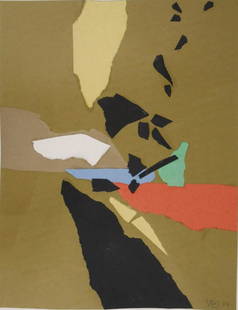 Nicolas De Stael (1914-1955) Collage: Torn paper collage on olive green construction paper, untitled abstract design, signed (*Nicolas de Stael, 1914-1955). Circa 1950-1955. 14 1/2 x 11 1/4 inches. Very good condition overall. A few old g