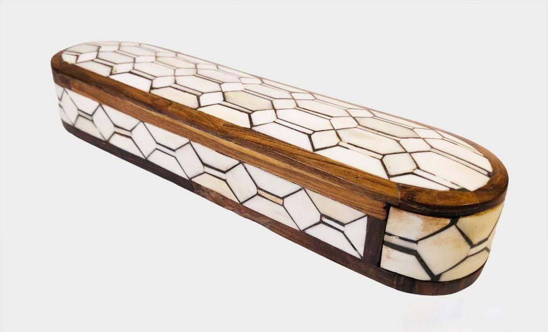 Moroccan Inlaid Pen Box, 20th Century: Pen or pencil box with bone inlay, fitted with a single sliding drawer. Probably Syrian or Moroccan, circa mid-20th century. Very good condition. L. 11 inches W. 2 3/4 inches