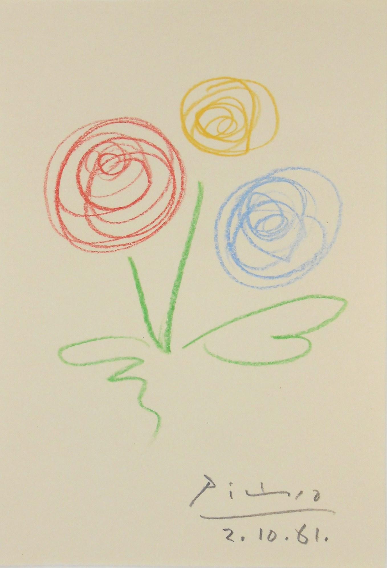 Pablo Picasso (1881-1973) Colored Pencil Sketch: Colored pencil sketch on white wove paper, bunch of flowers, signed and dated (*Pablo Picasso, 1881-1973). 7 1/8 x 5 inches. Very good condition, having no visibly apparent damage or repairs. Unframed