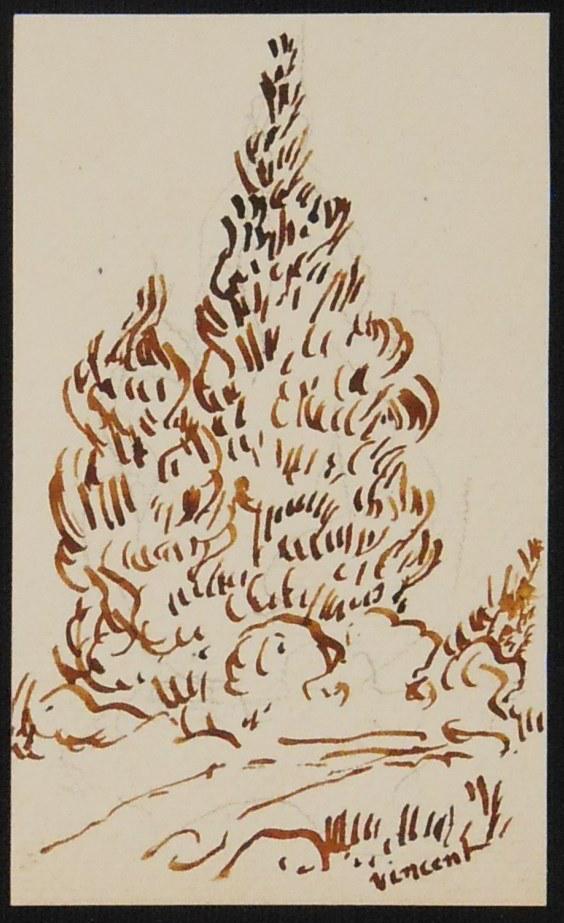Vincent Van Gogh (1853-1890) Ink Sketch: Pen and brown ink sketch with traces of pencil on heavy wove paper, landscape with trees, signed (*Vincent van Gogh, 1853-1890). 4 3/4 x 2 7/8 inches. Very good condition overall. Unframed for inspect
