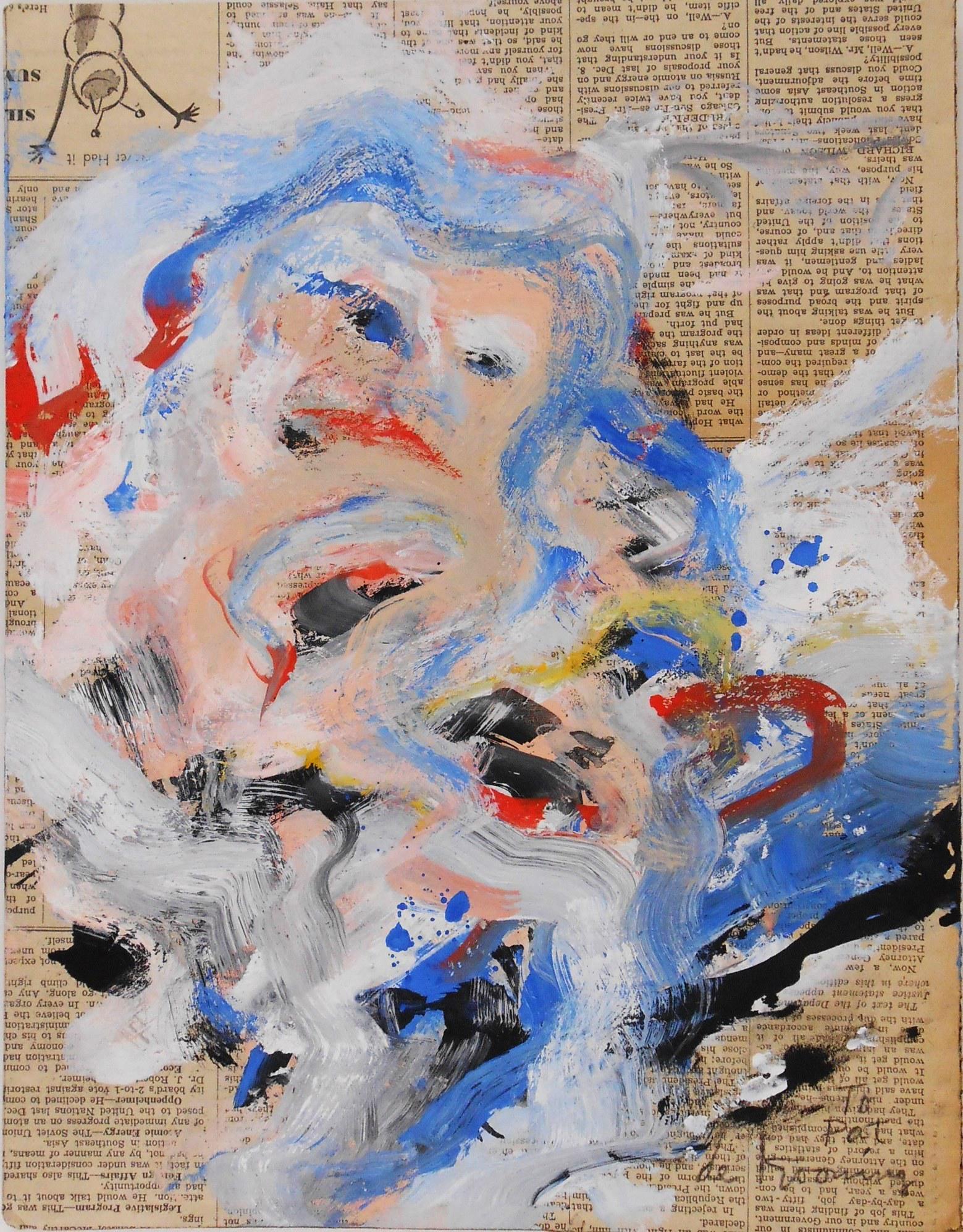 Willem De Kooning (1904-1997) Gouache: Gouache on newspaper laid down on cardboard, untitled abstract (figure of a woman), signed and inscribed (*Willem de Kooning, 1904-1997). Circa 1955. 12 5/8 x 9 3/4 inches. Very good condition overall