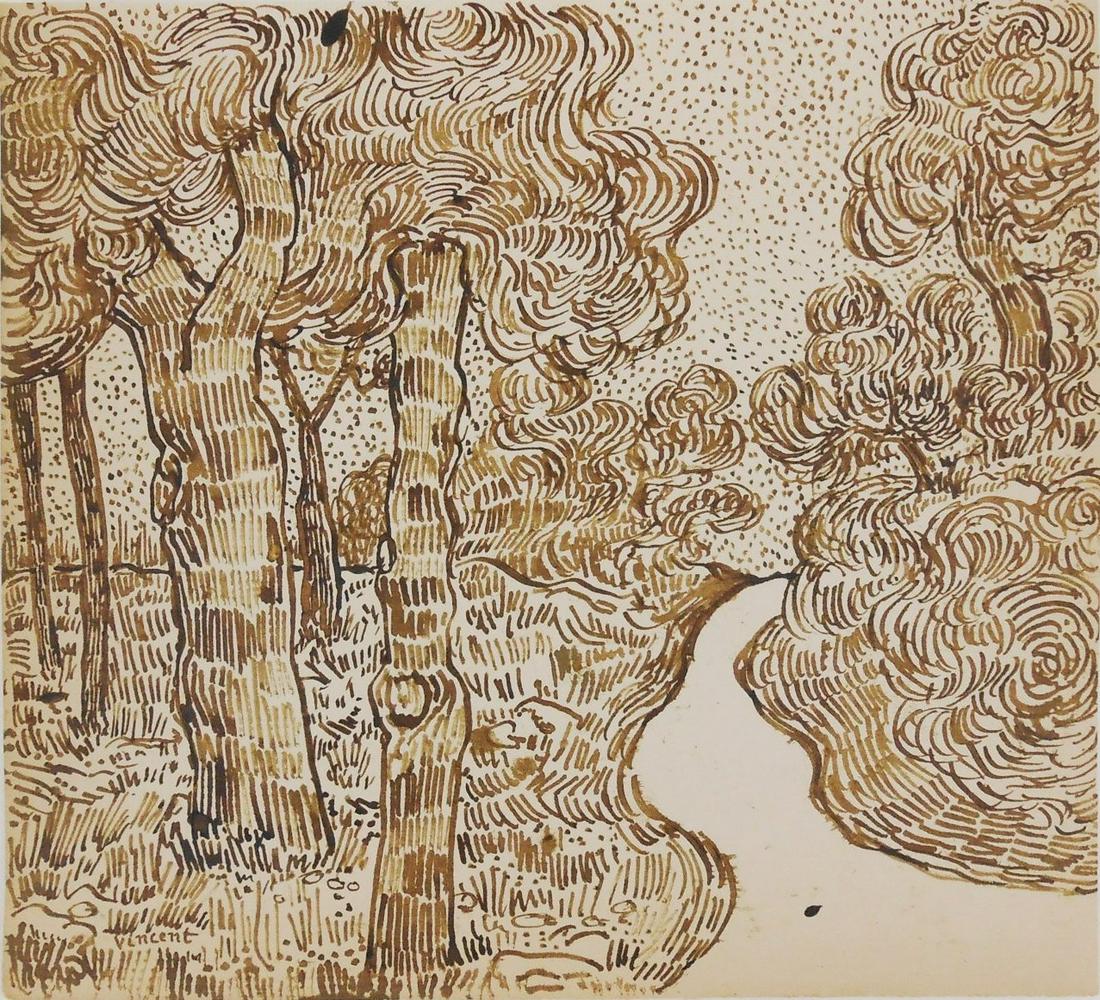Vincent Van Gogh (1853-1890) Ink Drawing: Brown ink drawing on laid paper, landscape with trees and path, signed lower left (*Vincent van Gogh, 1853-1890). 7 7/8 x 8 5/8 inches. Very good condition overall, having no visible damage or repairs