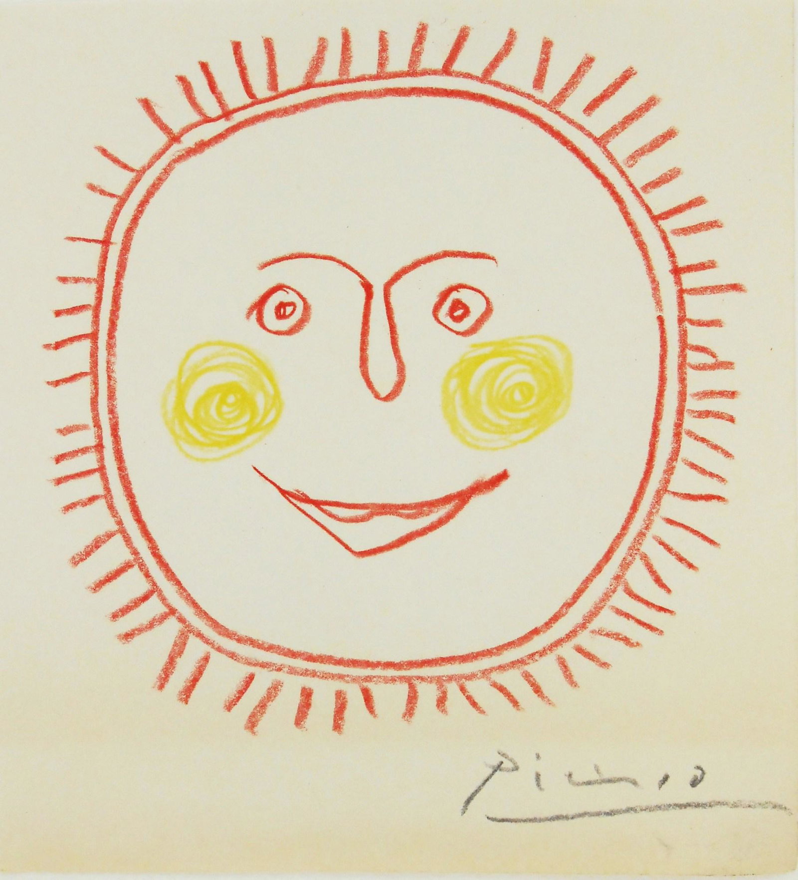 Pablo Picasso (1881-1973) Colored Pencil Sketch: Colored pencil drawing of a face on white wove paper, pencil signed (*Pablo Picasso, 1881-1973). Undated, probably circa 1960-1965. 6 1/8 x 5 5/8 inches. Very good condition overall. Unframed for insp