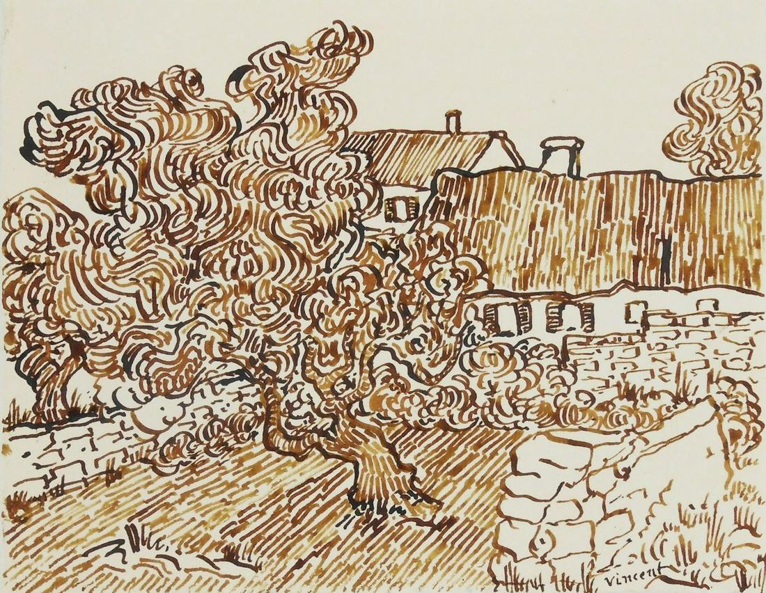 Vincent Van Gogh (1853-1890) Ink Drawing: Brown ink drawing on laid paper, landscape with farmhouses, signed lower right (*Vincent van Gogh, 1853-1890). 6 1/4 x 7 7/8 inches. Very good condition overall, having no visible damage or repairs. U