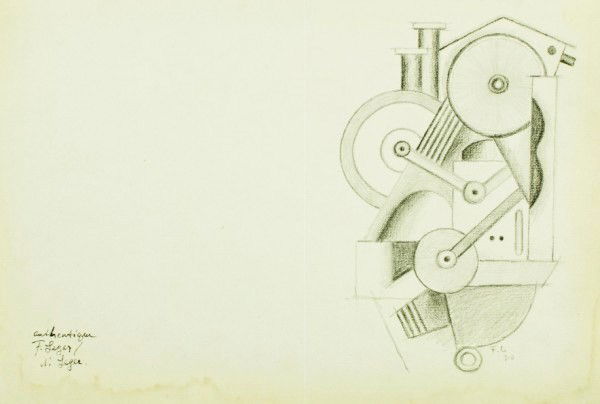 Fernand Leger (1881-1955) Pencil Drawing: Original pencil drawing, mechanical elements, signed lower right with the artist's initials and dated '20. Executed on the right hand side of a sheet that had formerly been folded in half. Attributed