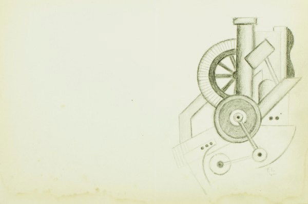 Fernand Leger (1881-1955) Pencil Drawing: Original pencil drawing, mechanical elements, signed with the artist's initials lower right and dated '20. Executed on the right hand side of a sheet of paper that had formerly been folded and is crea