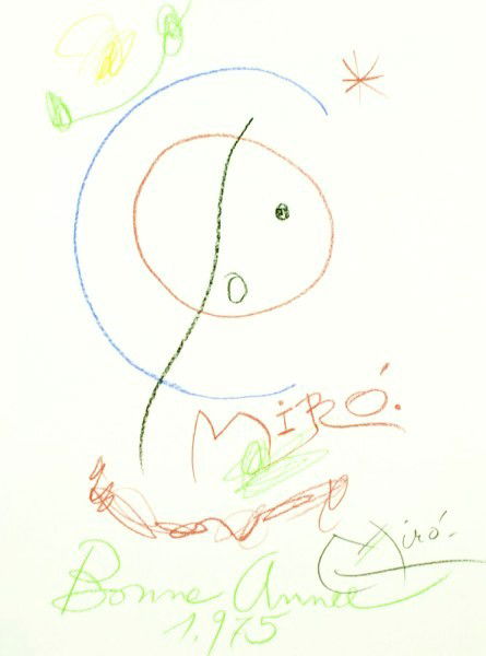 Joan Miro (1893-1983) Crayon Drawing: Original crayon drawing, untitled composition, signed boldly in red crayon and again in pencil, lower right. Dated 1975 and inscribed. Attributed to Joan Miro (1893-1983). 13 1/4 x 9 3/4 inches. Very