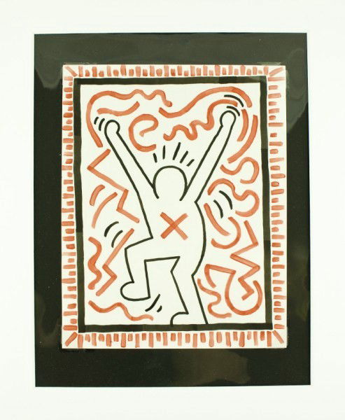 Keith Haring (1958-1990) Drawing: Untitled original black and red ink drawing, signed on the reverse and dated '86. Attributed to Keith Haring (1958-1990). 10 3/4 x 8 1/2 inches. Very good condition. Provenance: Probably acquired dire