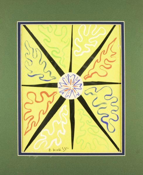 Henri Matisse (1869-1954) Gouache: Original gouache drawing on what appears to be a VERVE dust jacket. Untitled. Signed lower middle but not dated. Probably circa 1950-1953. Attributed to Henri Matisse (1869-1954). 14 x 10 1/2 inches.
