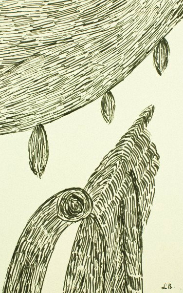 Louise Bourgeois (1911-2010) Pen & Ink Drawing: Pen and ink drawing executed on heavy gray paper. Untitled and undated. Signed with the artist's initials lower right. Attributed to Louise Bourgeois (1911-2010). Approximately 12 1/4 x 8 inches. Very