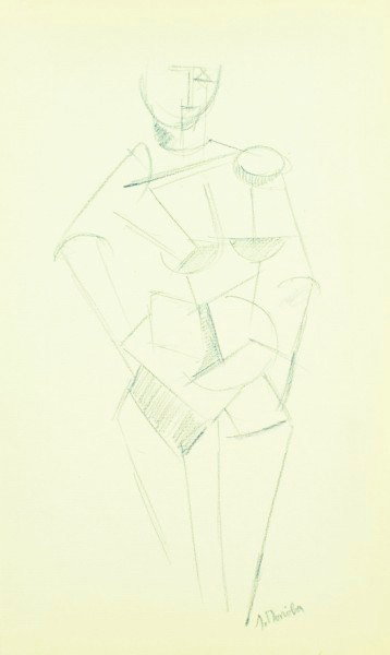 Liubov Popova (1889-1924) Colored Pencil Drawing: Blue pencil drawing on yellowed laid paper, cubist figure, signed in Cyrillic. Attributed to Liubov Sergeevna Popova (1889-1924). 13 1/4 x 8 inches. Probably removed from a drawing sketchbook. Very go