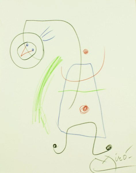 Joan Miro (1893-1983) Crayon Drawing: Original crayon drawing on cream wove paper, untitled, pencil signed lower right. Attributed to Joan Miro (1893-1983). 12 x 10 inches. Excellent condition.Provenance: Property of a private corporation